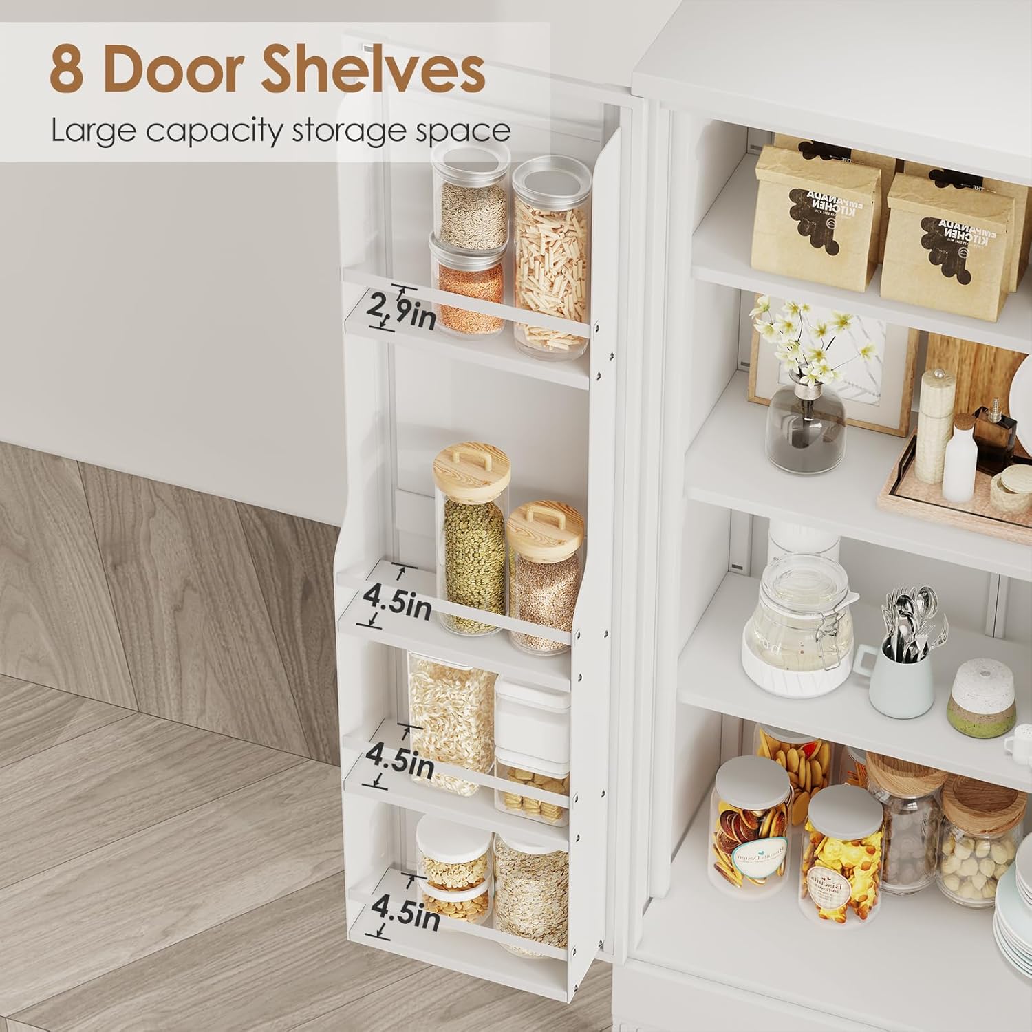 51" Kitchen Pantry Cabinet, Metal Storage Cabinet with 3 Adjustable Layer Shelves, 8 Door Shelves, Buffet Sideboard for Living Room, Kitchen, White