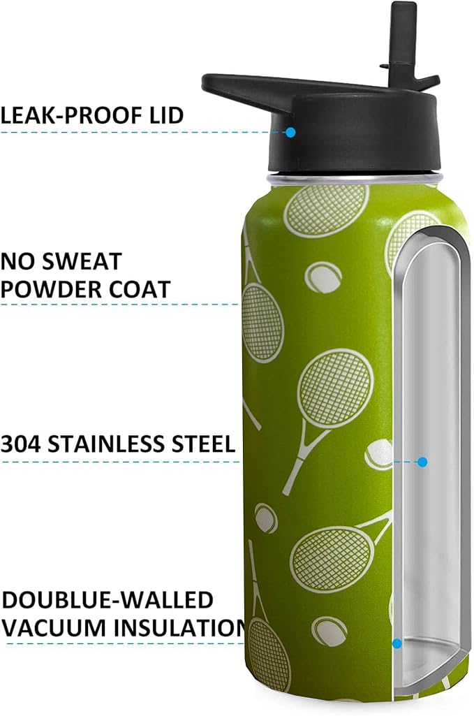 32 oz Tennis Water Bottle Insulated Vacuum Stainless Steel Sports Water Bottle with 2 Lids (Straw and Spout Lid) for Gym Camping Hiking