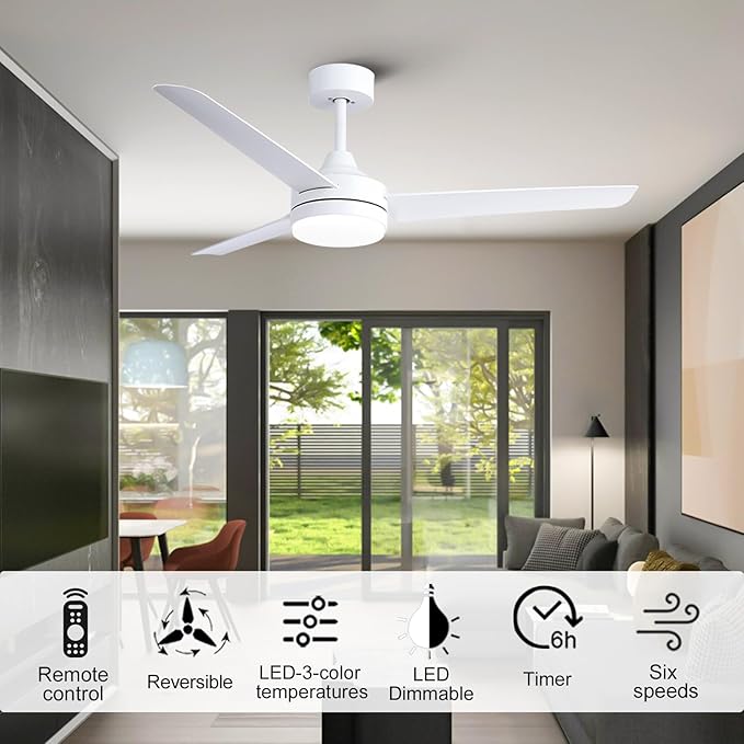 White Ceiling Fans with Lights,Modern 52-Inch Ceiling Fans DC Motor, Remote Control, 6-Speed Adjustable, Dimmable - Ideal for Living Room, Bedroom, Dining Room