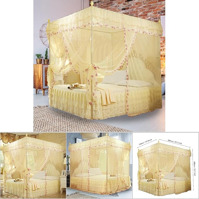 Luxury Princess 3 Side Openings Post Pink Bed Curtains,Four Corner Bedding Bed Canopy net for Bed Princess Bed Girls Room(No Bracket) (Yellow)