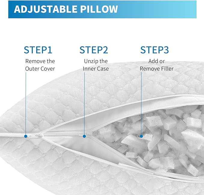 Shredded Memory Foam Pillows, Bed Pillows Queen Size Set of 2, Cooling Pillows for Sleeping, Adjustable Firm Pillows for Side Back and Stomach Sleepers, Bed Pillows with Washable Removable Cover