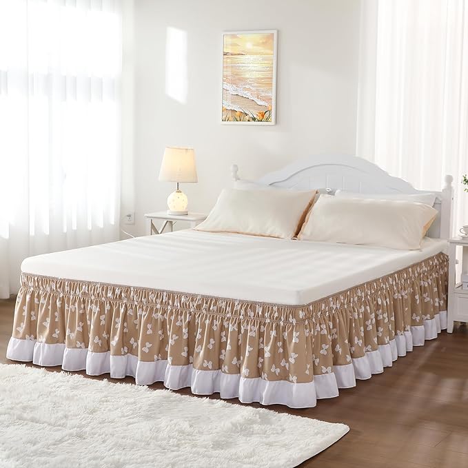 RIMELA Camel Elastic Bed Skirt King Szie 14 inch Drop, Cal King Bedskirt Easy to Put On, Solid Wrap Around Dust Ruffle, Fade Resistant Silky Fabric Machine Washable