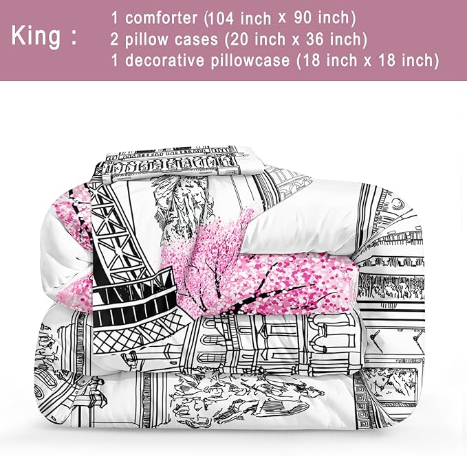 Bedbay Pink Paris Comforter Set Eiffel Tower Duvet Set Aesthetic Bedding for Girls Women Pink and Grey Comforter Quilt Set Paris Decor Summer Lightweight Comforter,No Sheets(Paris,King)