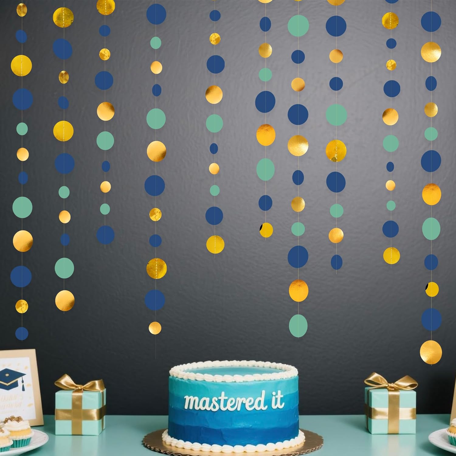 Blue Gold Green Decorations Circle Dots Garland Metallic Gold Navy Blue with Sage Green Hanging Polka Dot Streamer for Birthday Baby Shower Bridal Shower Wedding Bachelorette Engagement Party Supplies