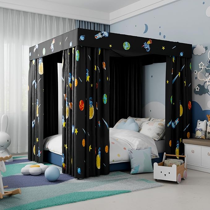 Hvqic Black Canopy Bed Curtains - 4 Corner Post Bed Curtains Twin Bed Curtains Lightproof Drapes Bed Canopy for Adults & Girls Bedroom Decoration(Twin,Black-Planet)