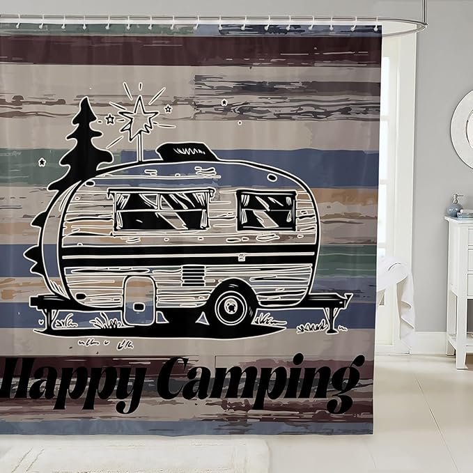 Feelyou Camper Shower Curtain Happy Camping Fabric Shower Curtain for Kids Boys Girls Wooden Rustic Bathroom Waterproof Accessories with 12 Hooks Rv Camping Curtains,72x78 Inches