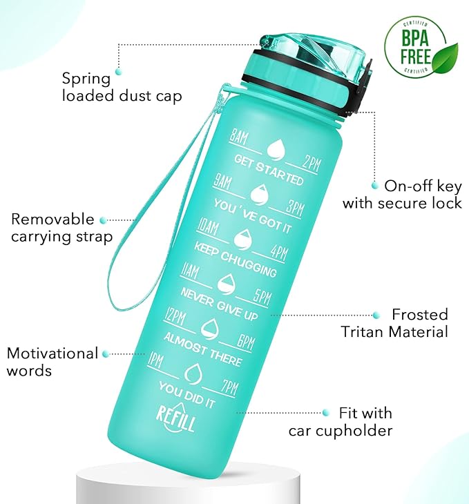 32oz Motivational Water Bottle with Time Marker & Fruit Strainer, Leak-proof BPA Free Non-Toxic Bottle with Carrying Strap, Perfect for Fitness, Gym and Outdoor Sports