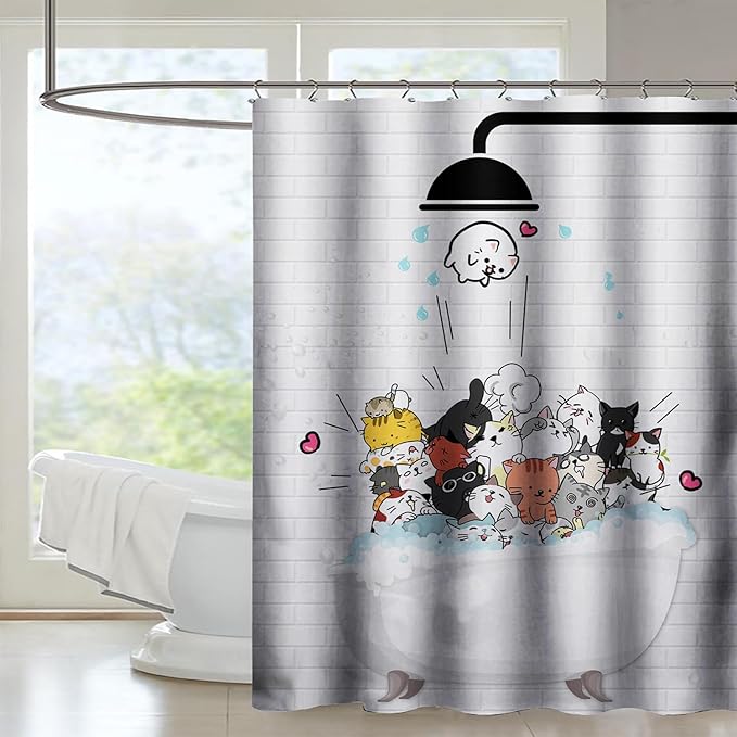 AILONEN Cute Cats Shower Curtain for Kids 48" W*72" H Inch,Kawaii Hilarious Funny Cat Pet Playing Water Shower Curtain,12 Pack Hooks Polyester Waterproof Fabric Decor for Bathroom Bathtub Panels