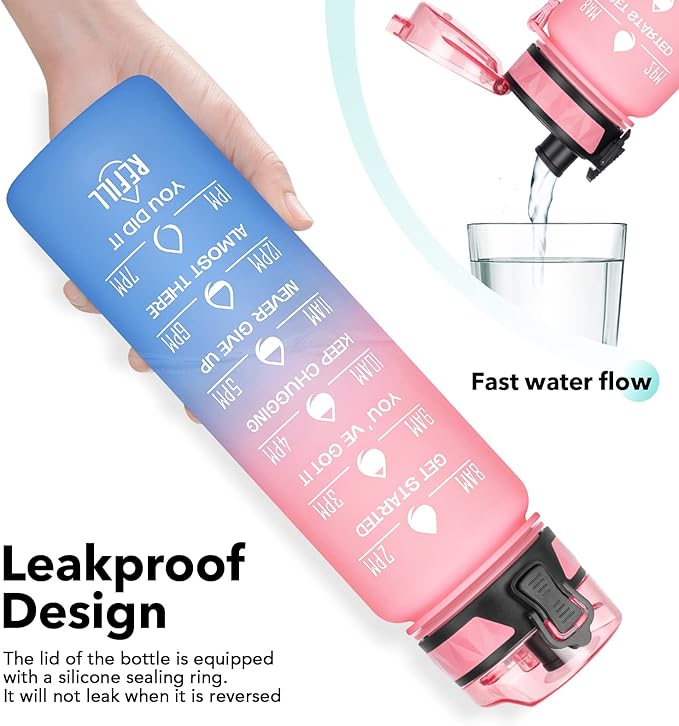 32oz/26oz Motivational Water Bottle with Time Marker & Fruit Strainer, Leak-proof BPA Free Non-Toxic 1l Bottle with Carrying Strap, Perfect for Fitness, Gym and Outdoor Sports, Plastic