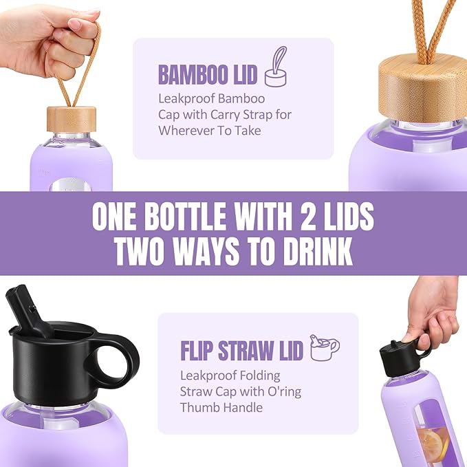 32oz Glass Water Bottle With 2 Lids-Flip Straw Lid, Bamboo Lid, Glass Water Bottle With Silicone Sleeve, Motivational Time Marker, Glass Juice Bottle for Cold Drink,Purple