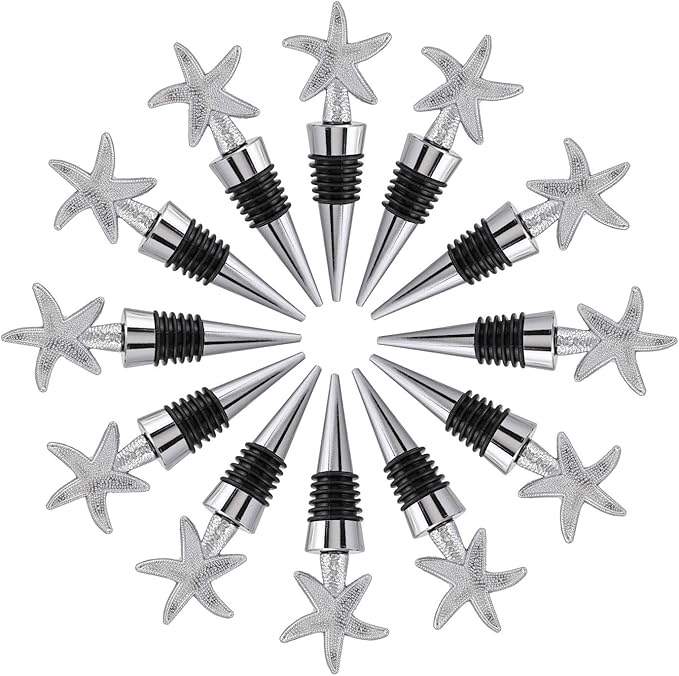 12PCS Valentine's Day Wedding Favors for Guests,Zinc Alloy Decoration Starfish Wine and Beverage Bottle Stoppers Caps Reusable Plug Keep Wine Fresh (12,Sliver Starfish)