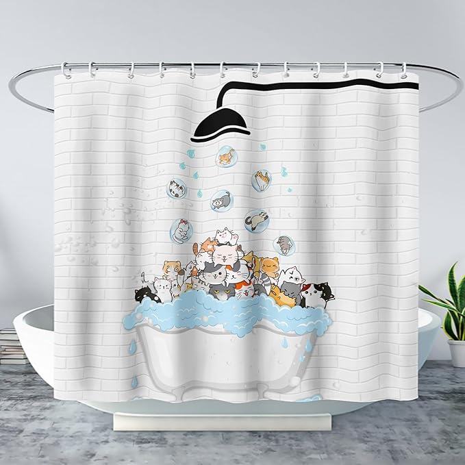 AILONEN Cute Cats Shower Curtain Raining for Kids 72" W*72" H Inch,Kawaii Hilarious Pet Playing Water Shower Curtain,12 Pack Hooks Polyester Waterproof Fabric Decor for Bathroom Bathtub Panels