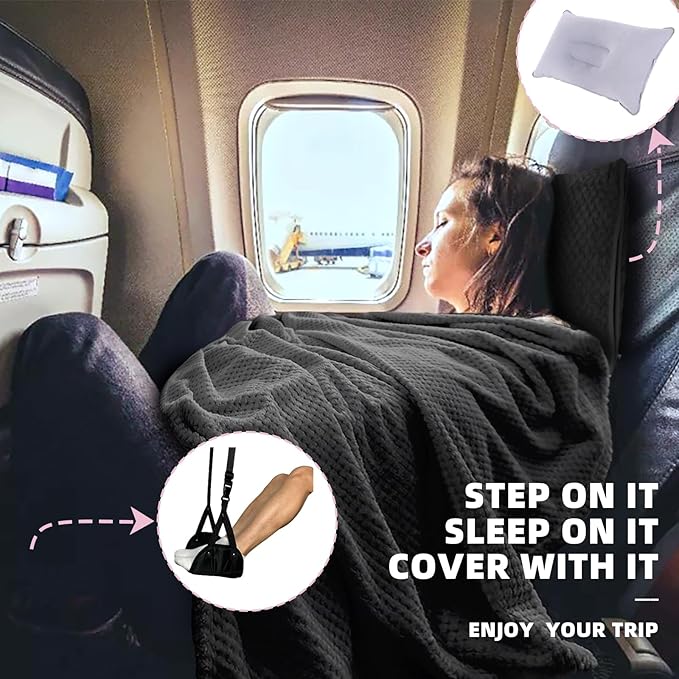 4 in 1 Travel Blanket and Pillow Set with Airplane Footrest - 350 GSM Thick Travel Blanket Airplane Compact with Bag, Inflatable Pillow, Foot Hammock for Plane Travel (Dark Grey)