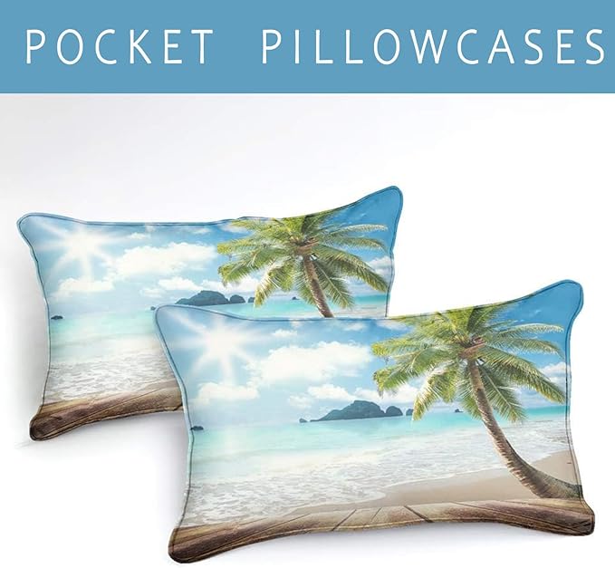 Bedbay Beach Theme Comforter Set Twin Size Tropical Bedding Twin Size Palm Tree Comforter Set Boys Girls Sunny Beach Coastal Bedding Down Comforter Set Soft Microfiber 3 Pcs Quilt Set(Beach,Twin)