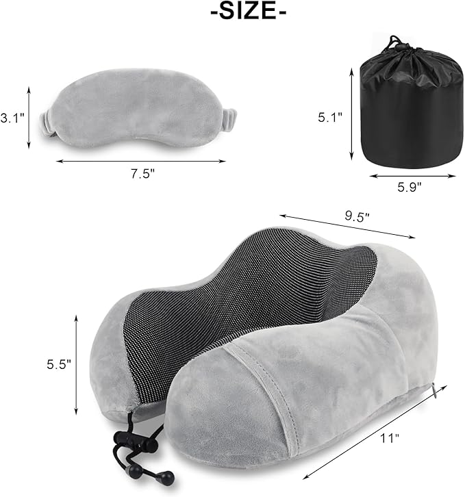 Pure Memory Foam Travel Pillow Set for Adults - Comfortable & Breathable Removable Cover, Airplane Travel Kit with Eye Mask & Portable Storage Bags for Plane Accessories - Grey