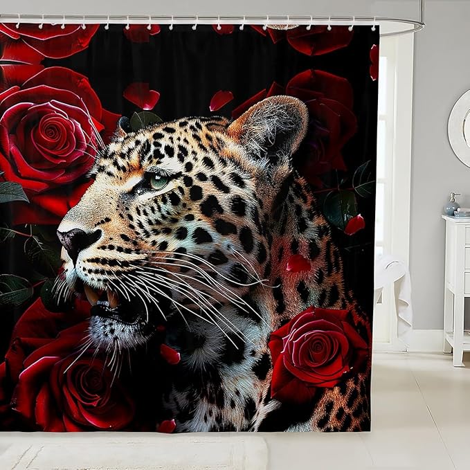 Feelyou Rose Leopard Bath Curtain Leopard Shower Curtain Boys Leopard Bathroom Shower Curtain Set Kids Toddler Frighting Leopard Kids Bathroom Accessories Wild Animal 72"x78"