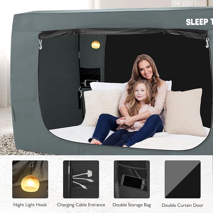 BORNA Bed Tent Twin Bed Canopy for Indoor Portable Light Reducing Sleeping Canopy for Kids and Adult,Bunk Blackout Tents Breathable Privacy Space Tent Mosquito Netting for Bed(Pale Gray)
