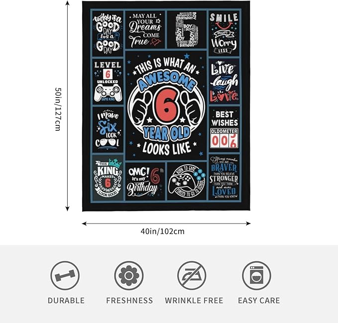 6 Year Old Boy Birthday Gift Throw Blanket 50" x 40", Unique Gifts for 6 Year Old Boys, Best Presents for 6Yr Old Boy, Six Year Old Boy Birthday Gifts, Boys Age 6 Birthday Gifts, Boy 6th Birthday Gift