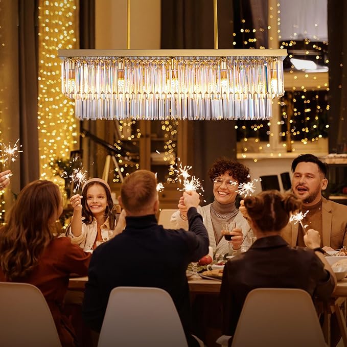 Siljoy 10 Lights Modern Crystal Chandelier Gold Rectangular 2 Tiers Crystal Raindrop Chandelier Luxury Adjustable Rectangle Flush Mount Pendant Ceiling Light for Dining Room Kitchen Island Bar L40''