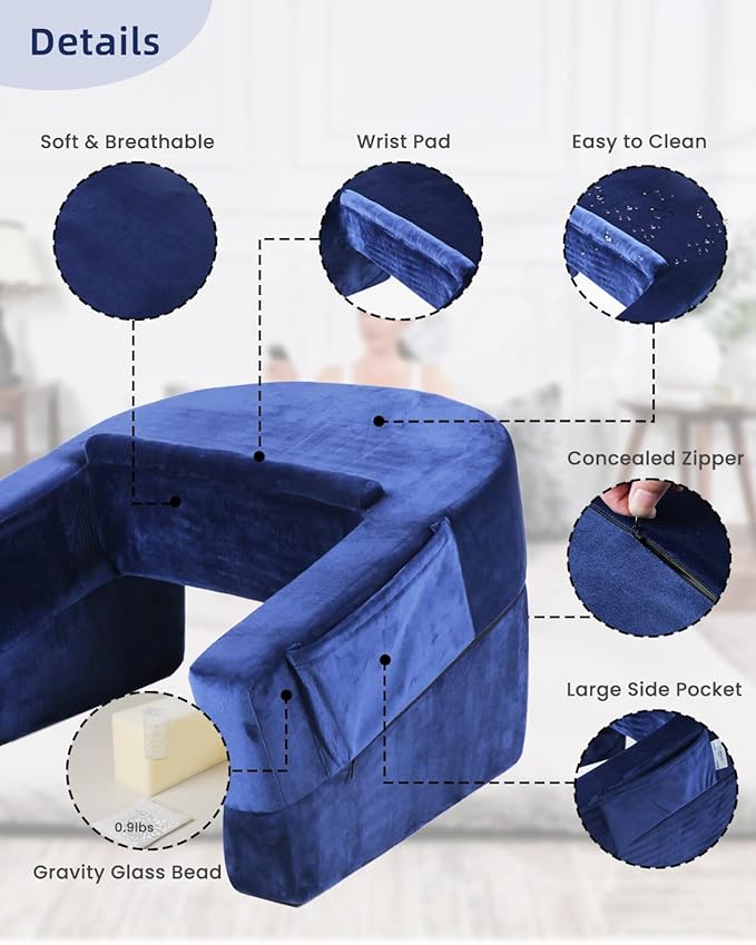 Weighted Idea Reading Pillow for Gaming, Extra Large Arm Rest Pillow for Adult，Lap Desk Pillow Gaming Pillow with 2 Side Pockets for Gaming, Reading, Working Sitting in Bed Floor Sofa (Blue)