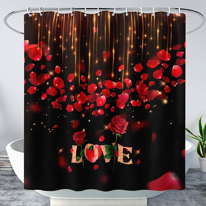 AILONEN Red Rose Flower Shower Curtain,Red and Black Shower Curtain,Romantic Flower Couple Lover Bath Curtain,Rose Themed Bathroom Decor,Waterproof 72" W x 78" H