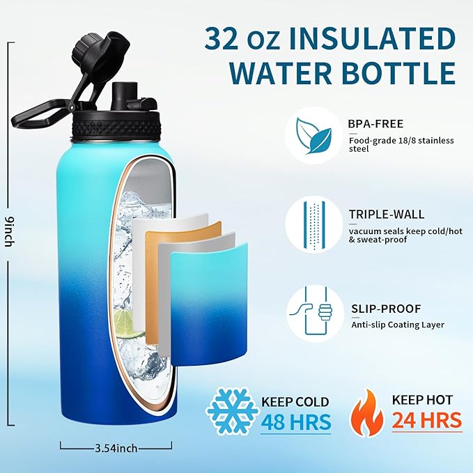 32oz/40oz/64oz Insulated Water Bottles - Vacuum Triple Walled Cold-48H Hot-24H, Water Bottle w/Straw & Chug Lid, Paracord Handle, Bottle Carrier, Stainless Steel Water Flask Mug for Sport Gym Yoga