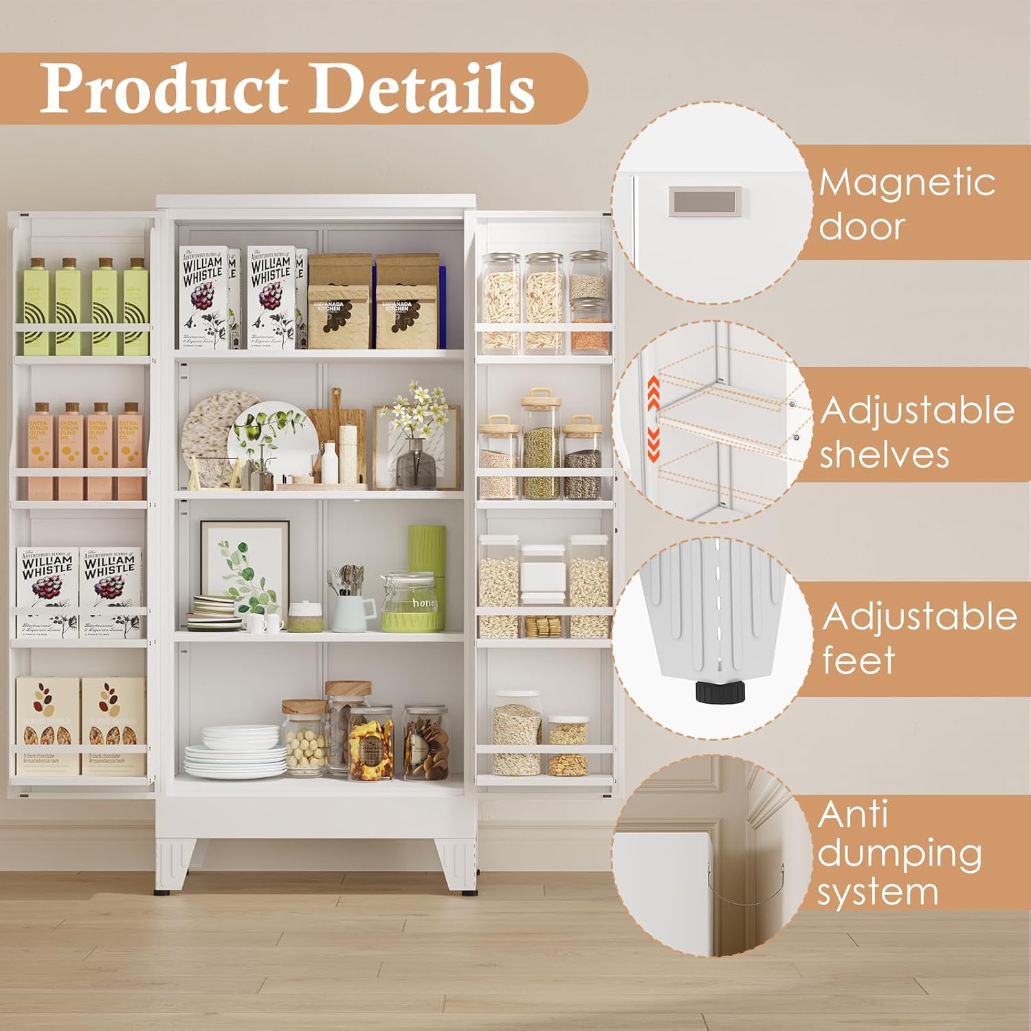 51" H Metal Kitchen Pantry Storage Cabinet, Freestanding Cupboard Storage Cabinet with Doors and Adjustable Shelves, Large Stand Up Food Cupboard for Living Room, Dinning Room, White