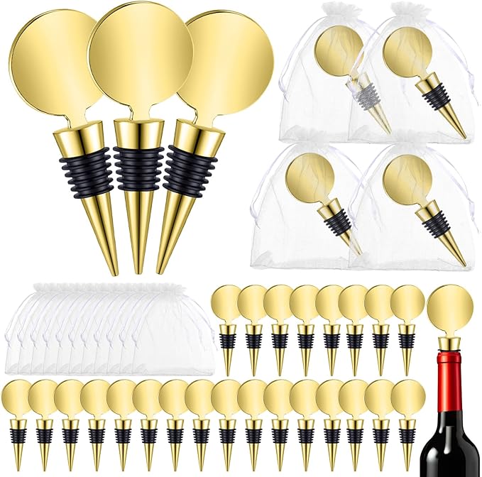 24 Sets Wine Stopper for Wine Bottles Wedding Wine Stopper Champagne Bottle Stoppers Beverage Bottle Stoppers with White Sheer Organza Bags Wedding Party Favor for Guests (Gold)