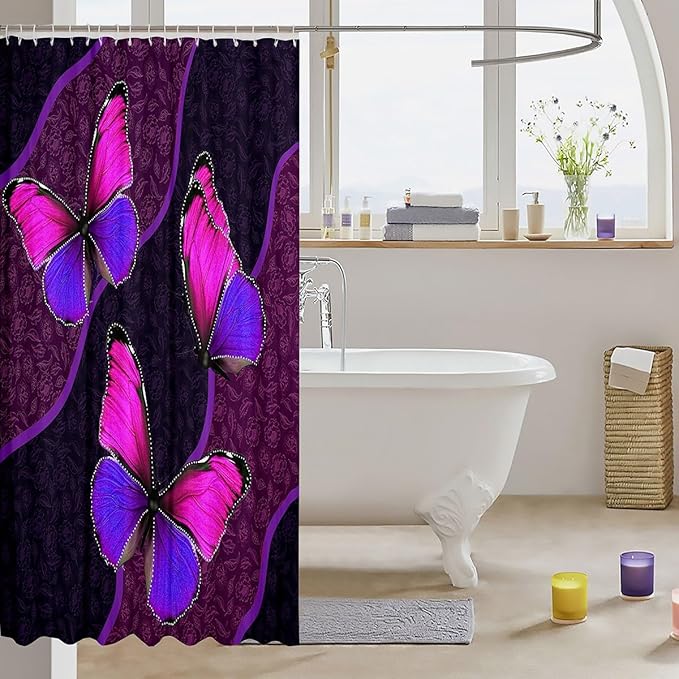 Feelyou Butterfly Shower Curtain 72"x78" Kids Butterflies Botanical Floral Print Bathroom Shower Curtain Set for Boys Girls Teens Geometric Stripes Bath Curtain Pink Purple Bathroom Accessories