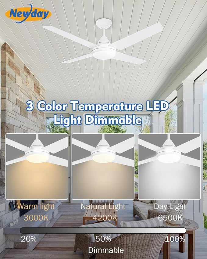 Newday 48-in Ceiling Fan with Lights and Remote, White Ceiling Fan with 4 Reversible Blades, Quit Motor, 3 Speed, Modern Adjustable Color Temperature for Indoor Outdoor