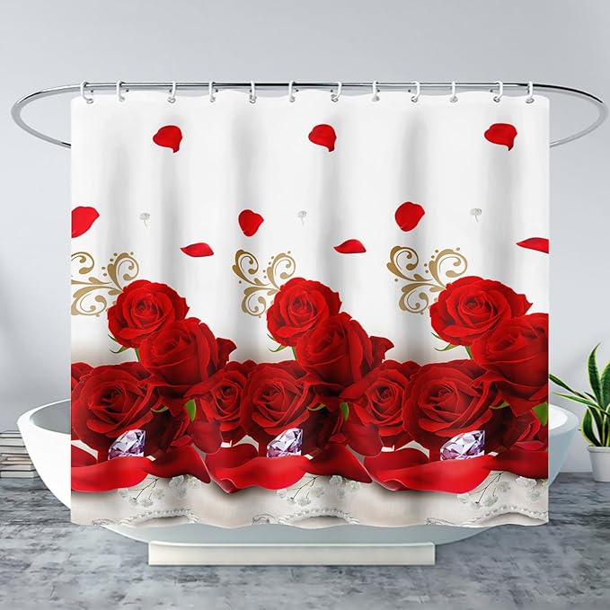 AILONEN Rose Flower Shower Curtain for Bathroom,Red Rose Bathroom Curtain for Girls Women,Romantic Flower Bath Curtain 60" W*72" H Polyester Waterproof Bathroom Curtain with 12 Hooks