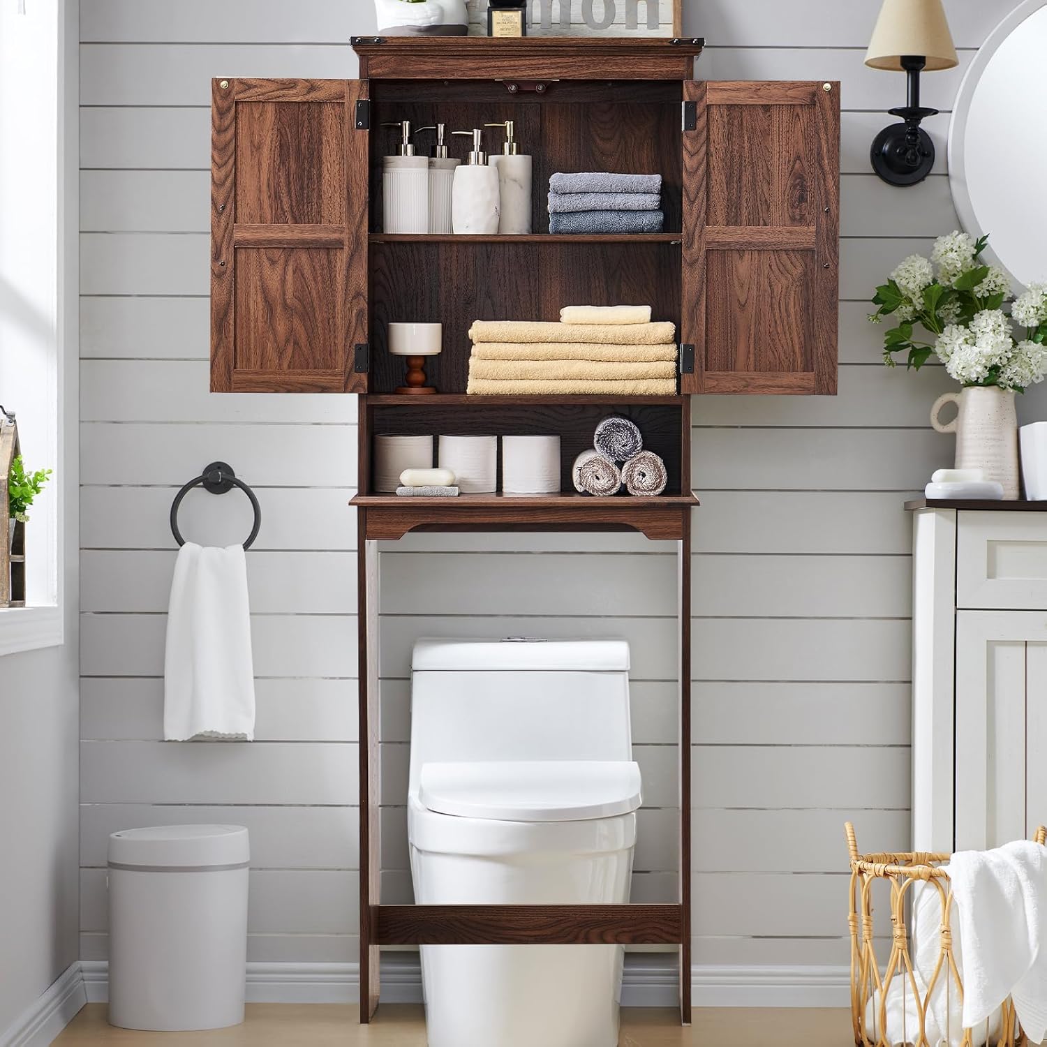 Over The Toilet Storage Cabinet, Farmhouse Bathroom Cabinet with Adjustable Shelf & Barn Door, 67" Tall Over The Toilet Shelf, Brown