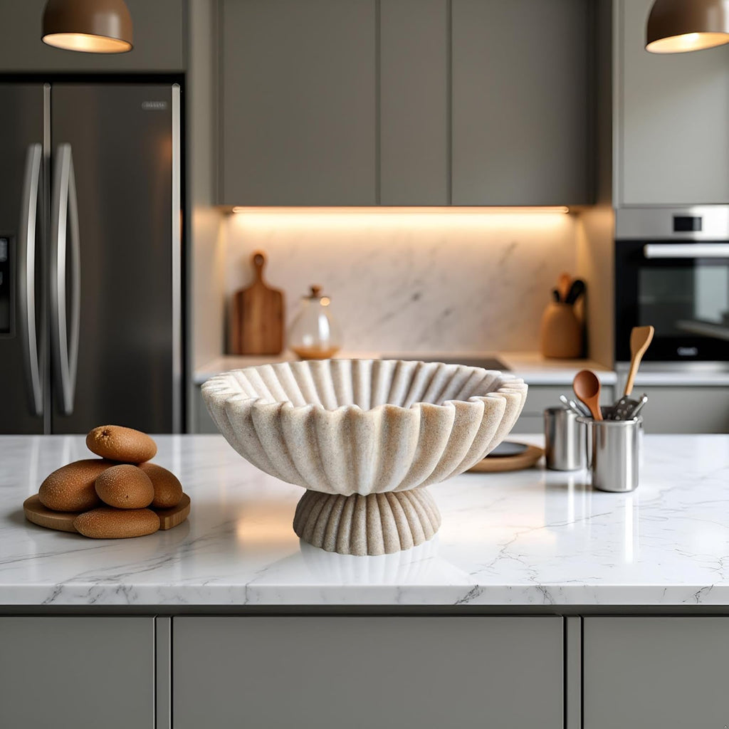 10" Large Decorative Bowl decor, Scalloped Bowls for Modern Home Decor,Ruffle Decor,Stylish Key Bowl for Entry Table,Decorative Fruit Bowl for Kitchen Counter,With base,Artificial Stone Beige