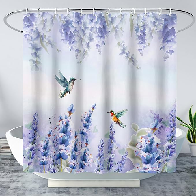 AILONEN Waterproof Floral Shower Curtain for Bathroom,Purple Blue Botanical Wisteria Lavender Flowers Shower Curtain,Watercolor Floral Decor Bathroom Polyester with Grommets and Hooks 72" W*78" H