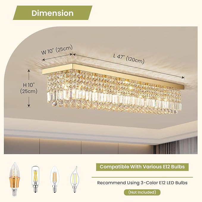 Siljoy Modern Crystal Ceiling Light Luxury Gold Rectangular Flush Mount Crystal Raindrop Chandelier 10 Lights Large Rectangle Pendant Light for Living Dining Room Kitchen Island L47'' x W10'' x H10''