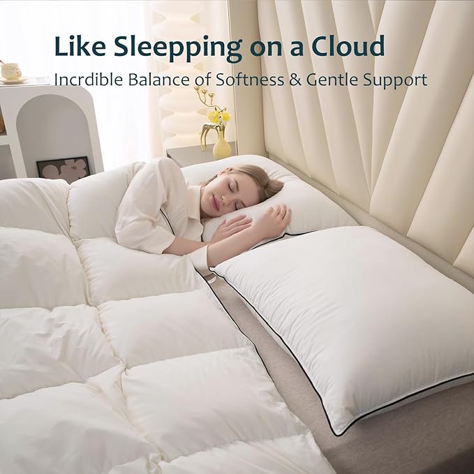 Hungarian Goose Down Pillow Queen Size, Ultimate Comfort 750+ Fill Power, 480 Thread Count 100% Cotton Shell, Luxury Bed Pillows for Sleeping - Queen (20" x 28")