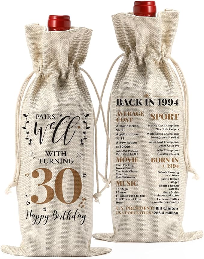 30th Birthday Gifts for Her Women Men, Best Gift for 30 Year Old Man Husband Wife Friends Him Her, Vintae Happy 1994 30th Birthday Anniversary Decorations Wine Bag?Wine Gifts Wine Gift Bag