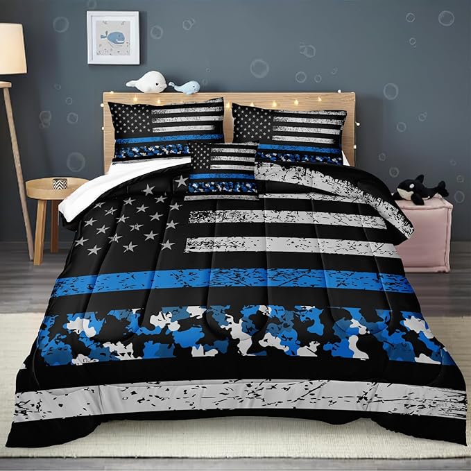 Bedbay American Flag Comforter Set Queen Teen Boys Military Bedding 4Pcs Camouflage Bedding Full Size Flag Camo Comforter Set Soft Lightweight Army Comforter Duvet Insert for All Season(Blue,Queen)