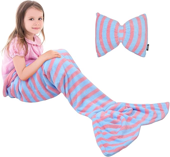 Catalonia Kids Mermaid Tail Blanket Pillow Cushion,Super Soft Coral Plush Fleece Mermaids Gift Snuggle Sleeping Bag for Girls Teens Children 60 x 21 Light Blue