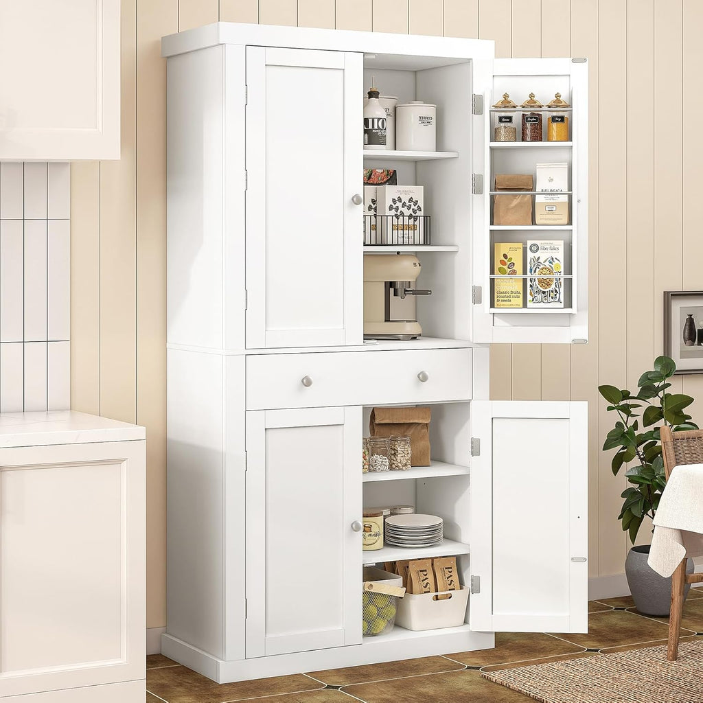 usikey 72” Pantry Cabinet, Tall Kitchen Storage Cabinet with 4 Doors and 1 Drawer, Cupboard with 6 Hanging Shelves and Adjustable Shelves for Kitchen, Dining Room, Living Room, White