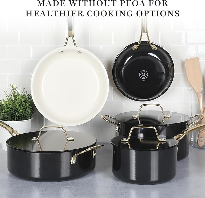 Martha Stewart Galway Premium Nonstick PFA Free Ceramic Interior 10 Piece Heavy Gauge Enamel Aluminum Pots and Pans Cookware Set W/Aluminum Lids - Black W/Gold Handle