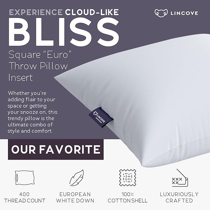 Lincove 100% European Down Venus Pillow – German Down 600 Fill Power, 400 Thread Count Shell, Made in Canada, | Luxe Collection, 24"x24"