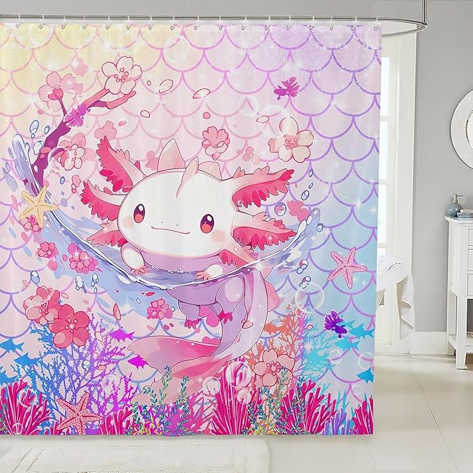 Feelyou Boys Girls Cute Axolotl Bathroom Shower Curtain Set Ocean Sealife Bath Curtain Kawaii Shower Curtain Kids Cartoon Salamander Teens Bathroom Accessories Room Decor 72"x78"