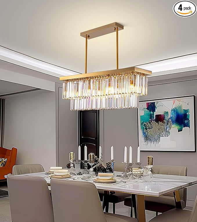 Siljoy 8-Light Modern Crystal Chandelier for Dining Room, Rectangular Gold 2-Tiers Crystal Raindrop Chandelier, Luxury Pendant Ceiling Light for Living Room Kitchen Island L31.5'' x W10'' x H10''