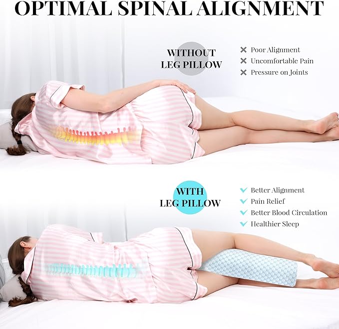 Knee Pillow for Side Sleepers Memory Foam Leg Pillows for Sleeping Yoga Bed Half Moon Bolster Pillow for Neck Pain Relief with Pillowcase 20.5x8x4.5 Inches(Cooling Blue, Standard Size)