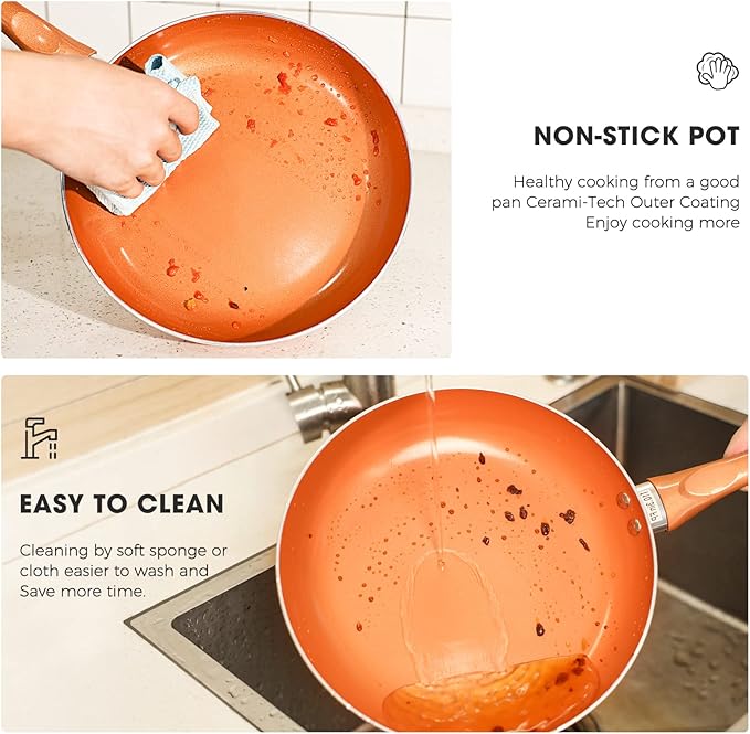 Clockitchen Non Stick Pots and Pan Set, 10pcs Cookware Set with Ceramic Coating, Non-toxic Pan Set Compatible with All Stoves, Dishwasher Safe, Copper