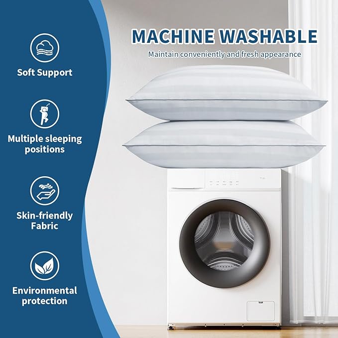 pillows standard size set of 2 (White stripe), Cooling Hotel Quality, Gusseted Pillow for Back, Stomach or Side Sleepers,20 x 26 Inches