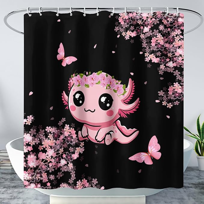 AILONEN Cute Cartoon Axolotl Kawaii Shower Curtain,Pink Cherry Blossom Floral Bath Curtain,Animal Axolotl Butterfly Waterproof Black Curtain for Bathroom, 48" W x 72" H