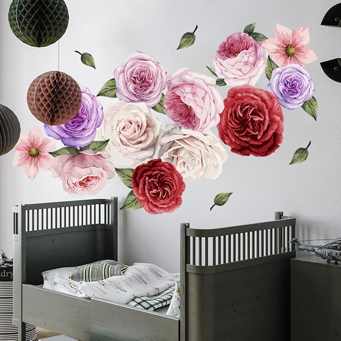 20 Pieces Flowers Wall Decals Vinyl Non-Glue Wall Stickers Removable Floral Wall Murals Self-Adhesive Colorful Flower Wall Decor for Girls Bedroom Living Room Nursery