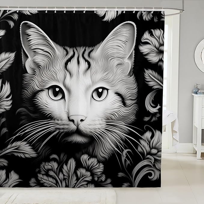 Feelyou Cute Cat Shower Curtain Kids Black White Cat Fabric Shower Curtain 3D Print Bathroom Waterproof Accessories with 12 Hooks for Women Men Flower Pattern Curtains,72x84 Inches